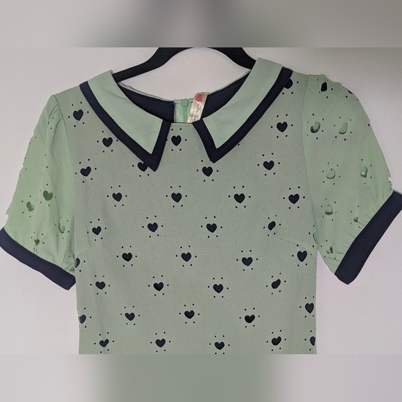 Alice Moon Light Mint Blue Mini Mod Heart Dress Short Sleeve Collar Size S - Picture 2 of 11
